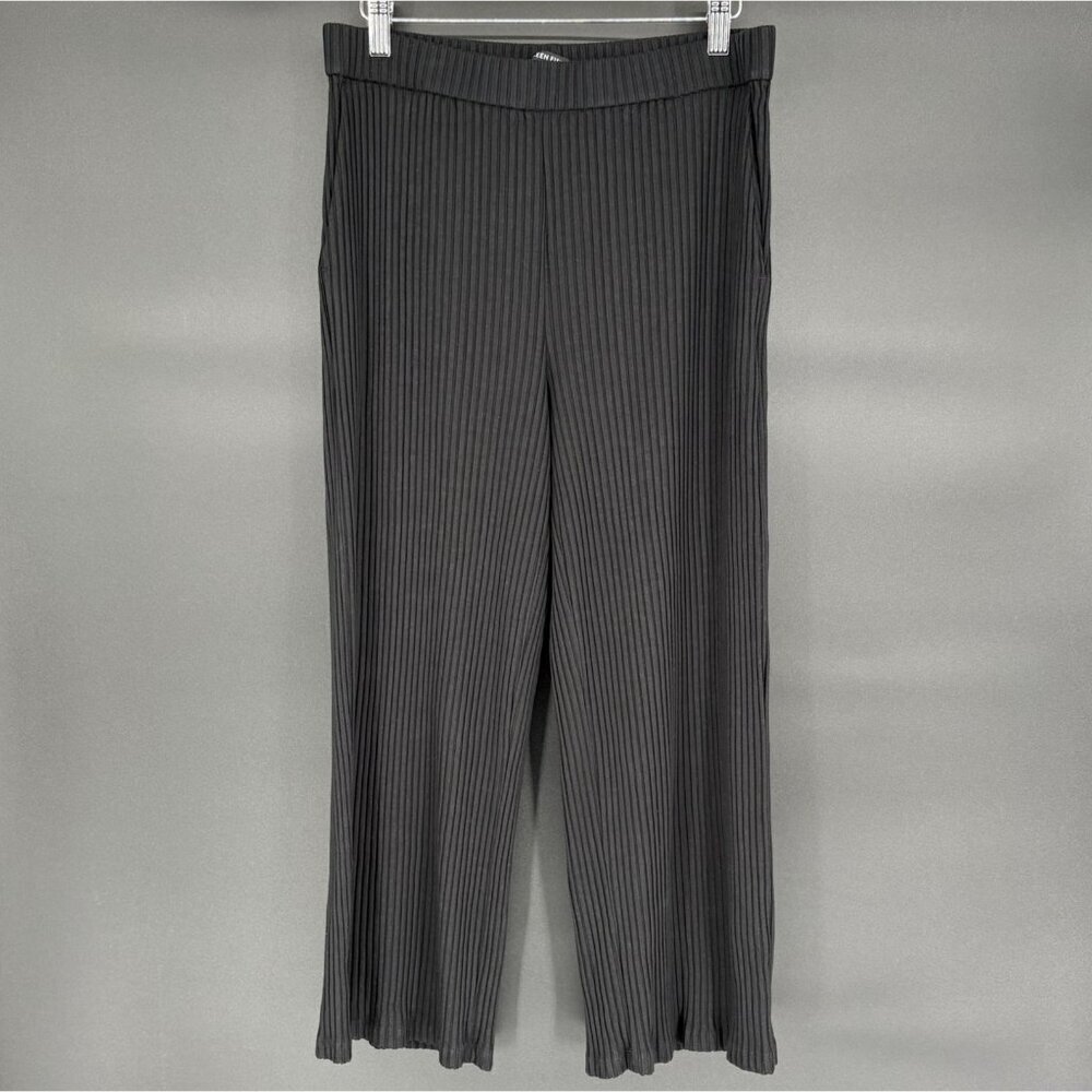 Eileen Fisher Women's Textured Stretch Rib Wide Leg Pants L Black Minimalist